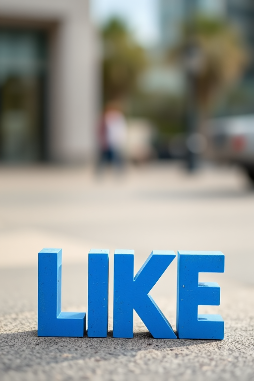 Create an image with bold, stylized letters spelling "LIKE" in vibrant blue with a slightly textured appearance, using a 50mm lens at f/1.8 for a shallow depth of field, captured from a slightly elevated angle with soft natural lighting using a DSLR camera.