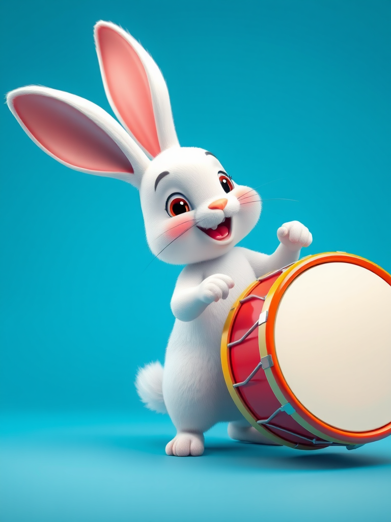 Create a cartoon-style image of a cute white rabbit happily playing a red drum with a yellow top, using a bright blue background, shot with a DSLR camera at f/2.8 aperture, 50mm lens, and soft studio lighting for enhanced clarity and color vibrancy.