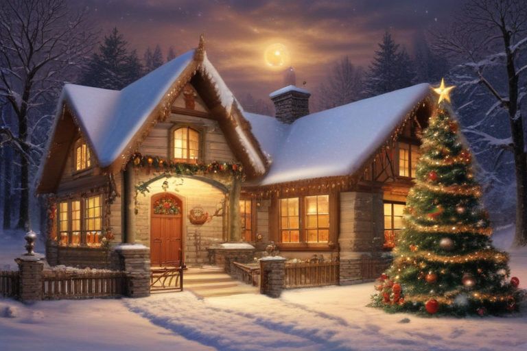Cozy Snow-Covered Cottage Adorned with Christmas Lights and Decorations