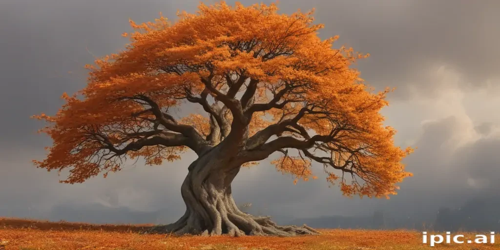Majestic Autumn Tree with Vibrant Orange Leaves Against a Dramatic Sky