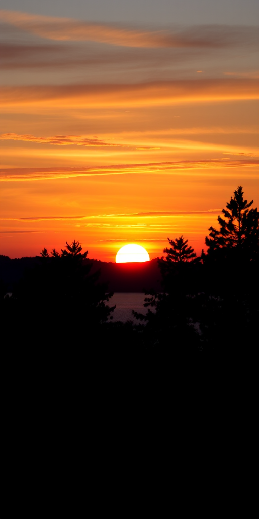Create a vibrant landscape of a serene sunset over a calm lake, with silhouettes of trees in the foreground, shot with a Canon EOS R5 at f/8, 1/100s, ISO 100, using a wide-angle lens, in a panoramic view to enhance depth and detail.
