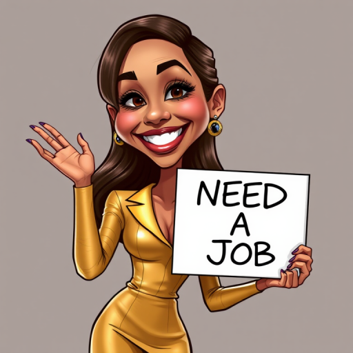 caricature of a smiling Zoe Saldana in a Gold dress or suit, holding up a sign that says "NEED A JOB", no watermark,