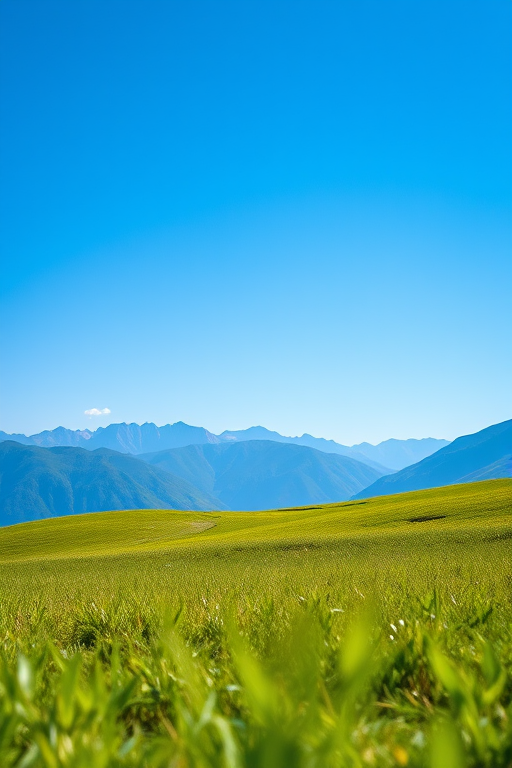 high-resolution image of a serene landscape with a clear blue sky, vibrant green grass, and majestic mountains in the background, captured with a DSLR camera at f/8 aperture, 1/250s shutter speed, ISO 100, using a wide-angle lens from a low angle for depth and perspective