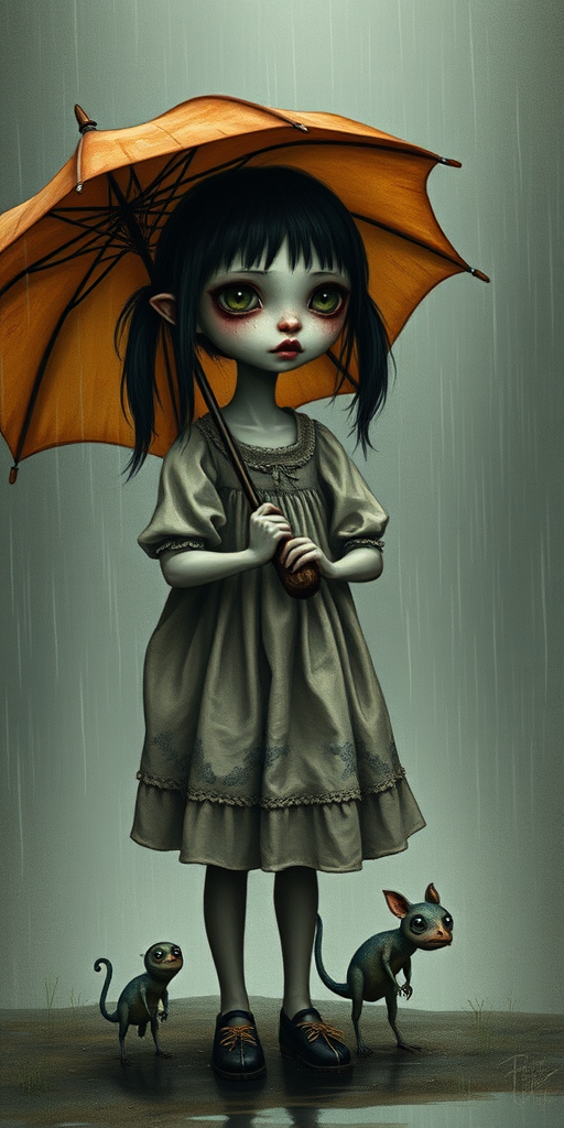 An eerie, weird little girl with dark hair in thin pigtails, wearing a smock dress, standing in the rain, holding a dirty orange umbrella, a small, odd creature beside her. In a surreal style inspired by Nicoletta Ceccoli and Brian Froud. Dark fantasy themes