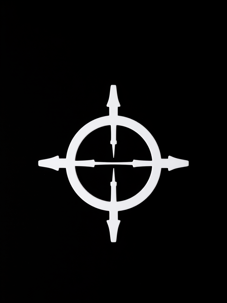 Create a high-contrast image of a simple white crosshair symbol on a solid black background, captured with a DSLR camera at f/11, ISO 100, 1/60s, top-down perspective, using a macro lens for detailed clarity.