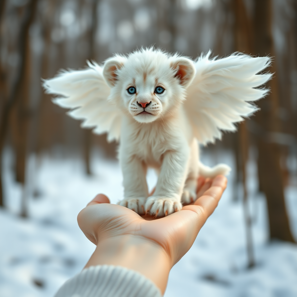 A small, white lion cub with angelic wings standing on a human hand. The cub has a soft, fluffy texture with detailed fur, expressive blue eyes, and a curious expression. The wings are large and feathery, blending seamlessly with its fur, giving an ethereal appearance. The background is a winter forest, with the ground covered in snow and blurred brown trees, creating a serene atmosphere. The human hand in the foreground is positioned palm-up, supporting the lion cub gently, fingers slightly curled. The lighting is soft and diffused, enhancing the tender and magical feel of the scene. Colors are predominantly neutral with white, cream, and soft browns, contrasting with the subtle blue of the lion cub's eyes. The overall composition is balanced, with the cub at the center, creating a focal point that draws the viewer's attention immediately.