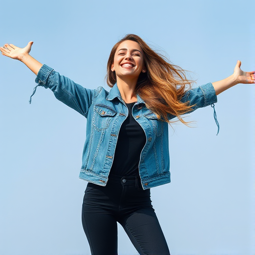 Generate a high-resolution digital illustration of a woman with long hair, wearing a denim jacket and black pants, arms outstretched in a joyful pose, utilizing a Canon EOS R5 camera, with a 50mm lens at f/1.8, ISO 100, shooting in natural light to enhance color vibrancy and contrast.