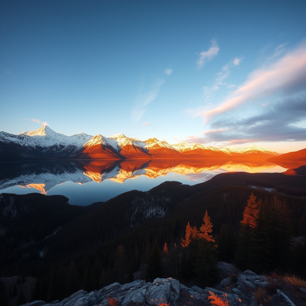 Capture a breathtaking view of snow-capped mountains reflecting in a serene lake during golden hour, using a Canon EOS 5D Mark IV with an EF 24-70mm f/2.8L II USM lens, aperture set to f/8, shutter speed at 1/250s, ISO 100, in landscape orientation to enhance image quality.