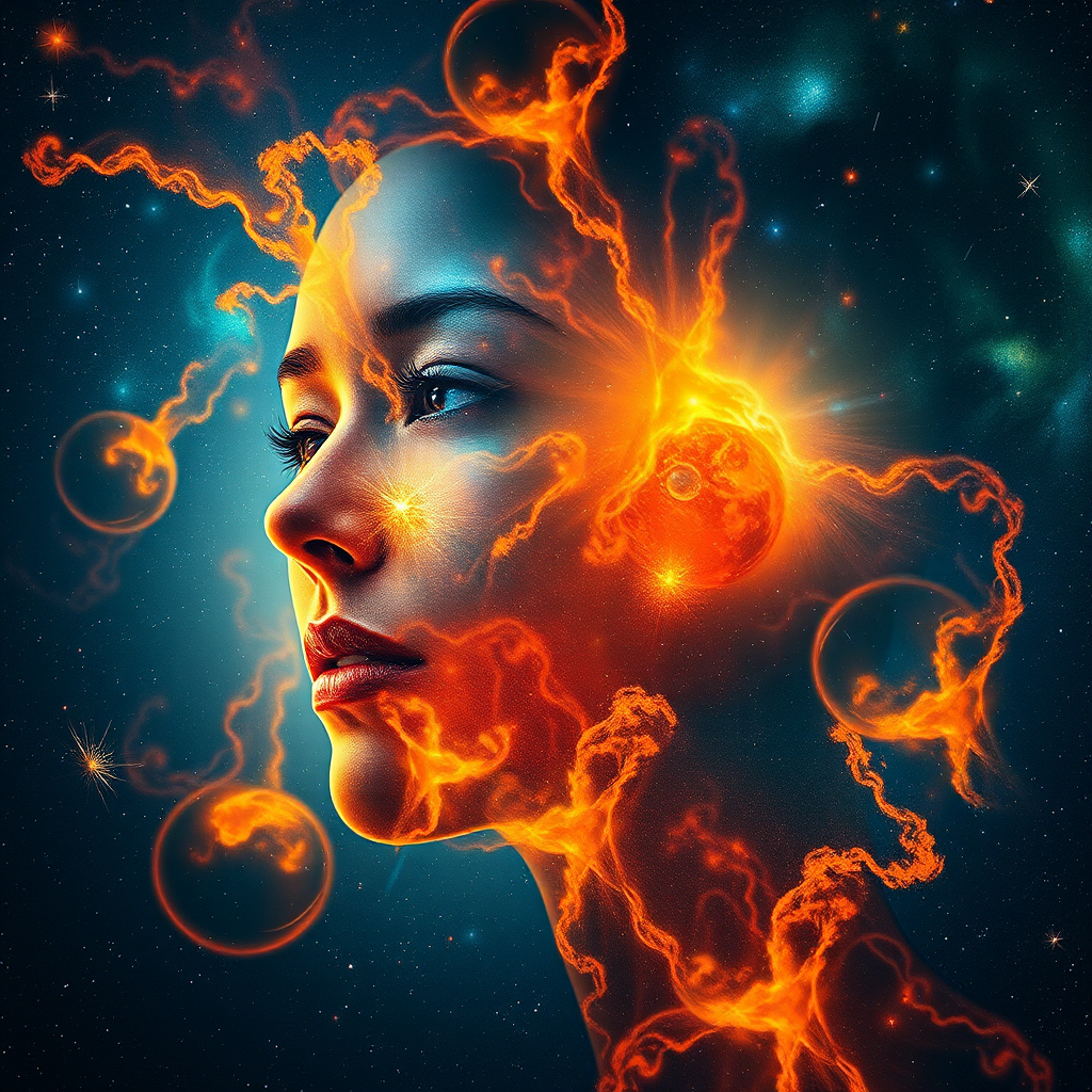 Generate a cosmic scene depicting a woman's face formed by vibrant nebulae and galaxies, featuring a rich color palette of orange, blue, and green, with a cinematic view using a Canon EOS R5 at f/1.8, ISO 100, 24mm lens, capturing intricate details and textures in high resolution.
