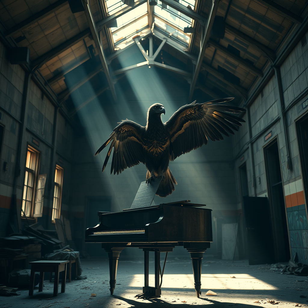 Create an image of a majestic vulture perched on a grand piano in a dilapidated, atmospheric abandoned building with sunlight streaming through a broken roof, using a Canon EOS R5, 50mm lens, f/1.8 aperture, ISO 100, 1/125s shutter speed, with a cinematic style and dramatic lighting to enhance the mood.