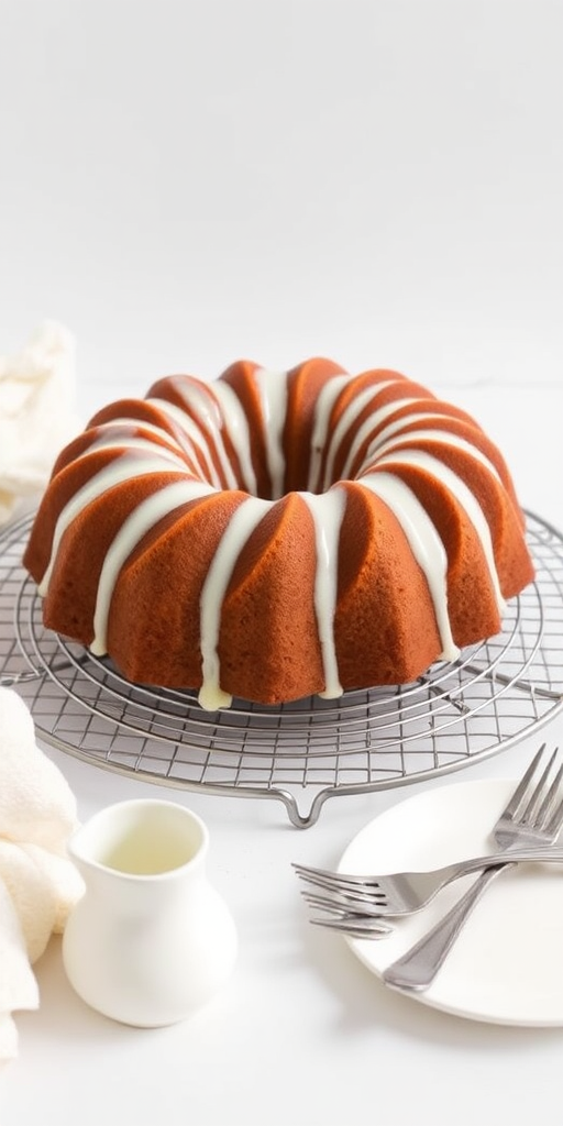 A beautifully baked bundt cake with a glossy icing drizzle on top placed on a cooling rack with a white background accompanied by a small pitcher of cream and silverware on the side.