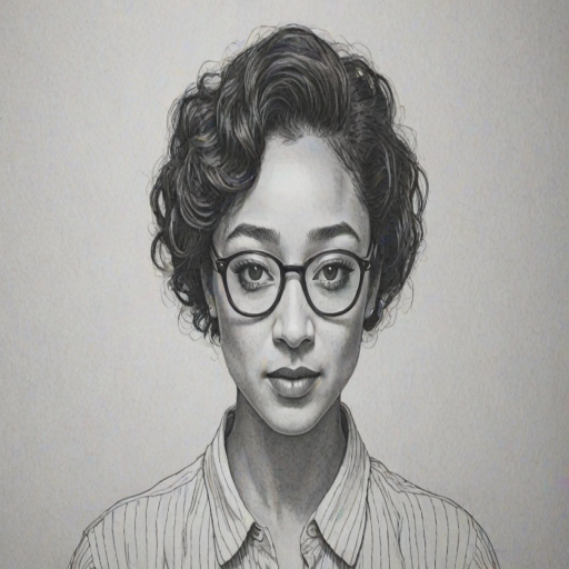 Radiant Ruth Negga, pencil sketch, portrait of Graceful woman 1975s in glasses, hair style beatnik, outline, clear lines, fine lines, 8k
