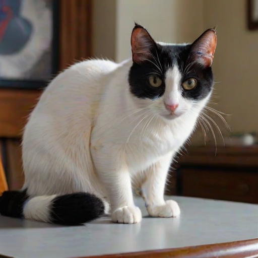 A close-up photograph of a white and black cat sitting on a table, with realistic Spider-Man standing beside it. The cat's tail is curled beside it, and its predominantly white face shows a distinctive expression, resembling a domestic shorthair, with slightly squinted eyes that convey frustration. The cat sits grumpily, seemingly unimpressed by the presence of Spider-Man.
