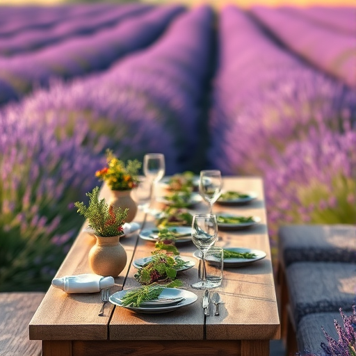 Create an image of an elegant outdoor dining setup with a long wooden table adorned with fresh herbs and tableware, surrounded by lush lavender fields under soft afternoon light, with a shallow depth of field for a dreamy effect, using a DSLR camera at f/2.8, ISO 100, and a 50mm lens for clarity and warmth.