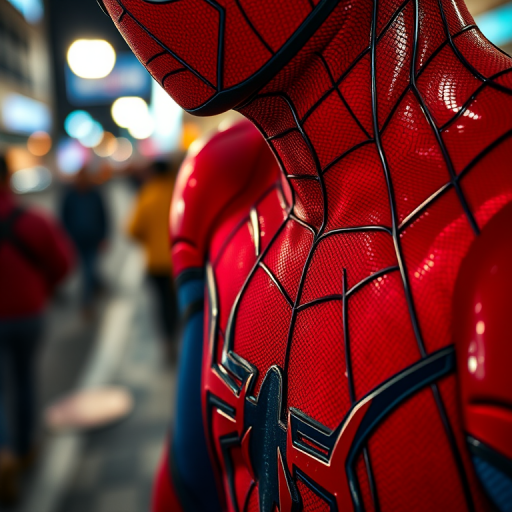 A highly detailed close-up of a superhero in a red and blue suit with a web pattern, showcasing intricate textures and reflections, shot with a Canon EOS R5 at f/1.8, ISO 100, 50mm lens, in low light at an urban night setting, emphasizing vibrant colors and dramatic shadows.