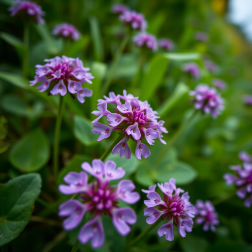 photograph of vibrant purple clover flowers in a lush green background, macro shot, f/2.8 aperture, 1/250 sec shutter speed, ISO 100, taken with a DSLR camera from a low angle to emphasize details and depth of field