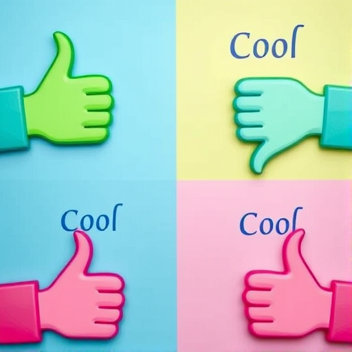 Create a vibrant and colorful design featuring four smiley face thumbs-up icons in blue, green, pink, and purple, each paired with the word "Cool" above them, captured with a Canon EOS R6, 50mm lens, aperture f/2.8, ISO 100, in a top-down view for enhanced clarity and saturation.