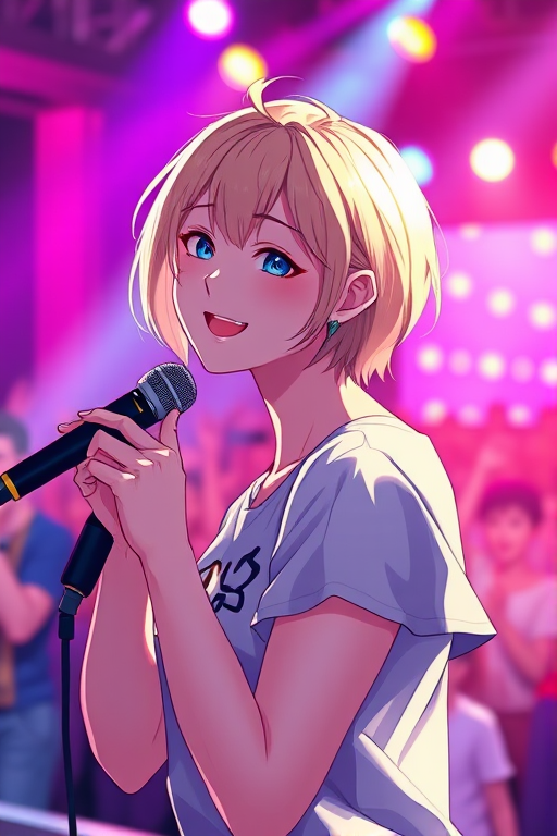 Generate a vibrant anime-style image of a young woman with short blonde hair, holding a microphone and facing the audience with a smile, in a concert setting with colorful lights and cheering crowd in the background, use a Canon EOS R5 with an 85mm f/1.2 lens, aperture set to f/1.8, ISO 400, and a soft bokeh effect for enhanced depth of field.