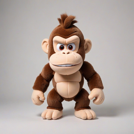 Donkey Kong children's version of an adorable and cute cotton plush with a full body on a white background. A good front pose is visible with extreme quality and every detail. The image features good lighting, a well-chosen color palette, and a 3D appearance.