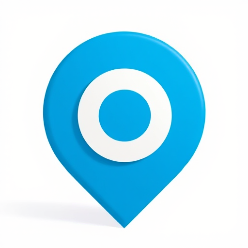 Create an image of a large blue location marker with a white circular center and a black outline, using a Canon EOS R5 camera, 50mm lens, f/1.8 aperture, ISO 100, and 1/200 sec shutter speed, capturing a clear and vibrant color contrast against a simple background.