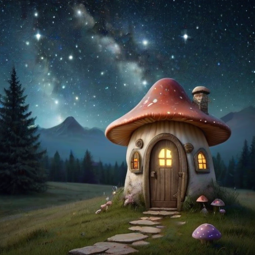this photo is illustration of a mushroom house with a door and a window, a storybook , fantasy art, mushroom house, bg starry sky, sparkles