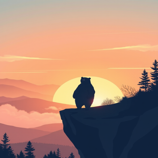 Create a digital illustration of a stylized bear standing on a cliff overlooking a pastel-colored sunrise with soft mountains and clouds in the background, using a Canon EOS R5 with a 50mm lens, aperture f/2.8, ISO 100, and a low-angle view for enhanced depth and color vibrancy.