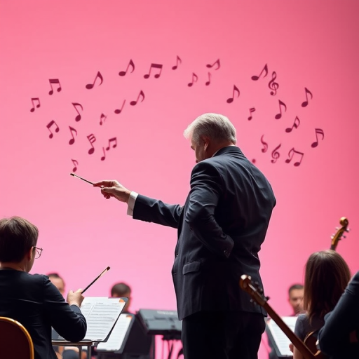 Create an image of a conductor leading an orchestra with musical notes and symbols flowing around them against a soft pink background, using a DSLR camera with a 50mm lens, f/1.8 aperture, ISO 100, shot in portrait mode with a focus on the conductor, using high dynamic range (HDR) settings for enhanced detail.