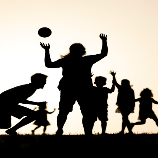 silhouette of a family playing catch on a white background, natural light, f/5.6, ISO 100, 50mm lens, shot from a low angle, wide shot, DSLR camera