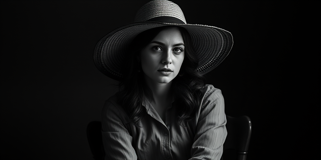 Create a portrait of a woman wearing a wide-brimmed hat and vintage clothing, sitting on a chair in a dramatic, moody setting with soft lighting; use a Canon EOS R5 with a 50mm f/1.2 lens at f/2.8, ISO 100, shutter speed 1/125 sec, in a low-key style with high contrast, black and white tones.