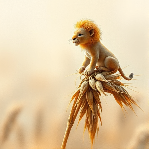 Soft, muted Alcohol Ink with ebru effect background image of tiny whimsical lion, who climbed high on the top of a golden rye ear.