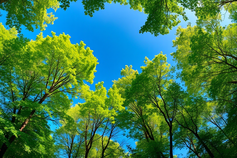 a vibrant forest canopy with lush green leaves framing a clear blue sky, taken with a wide-angle lens, f/8 aperture, ISO 200, 1/250 sec exposure, DSLR camera, natural lighting, capturing the serene beauty of nature from a low angle perspective