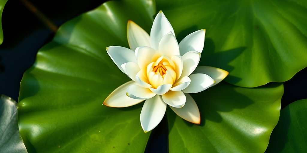 Generate an image of a white water lily blooming on a vibrant green leaf, using a Canon EOS 5D Mark IV, 50mm f/1.8 lens, aperture f/2.8, shutter speed 1/125s, ISO 100, top-down perspective, soft natural lighting for a serene and detailed appearance.