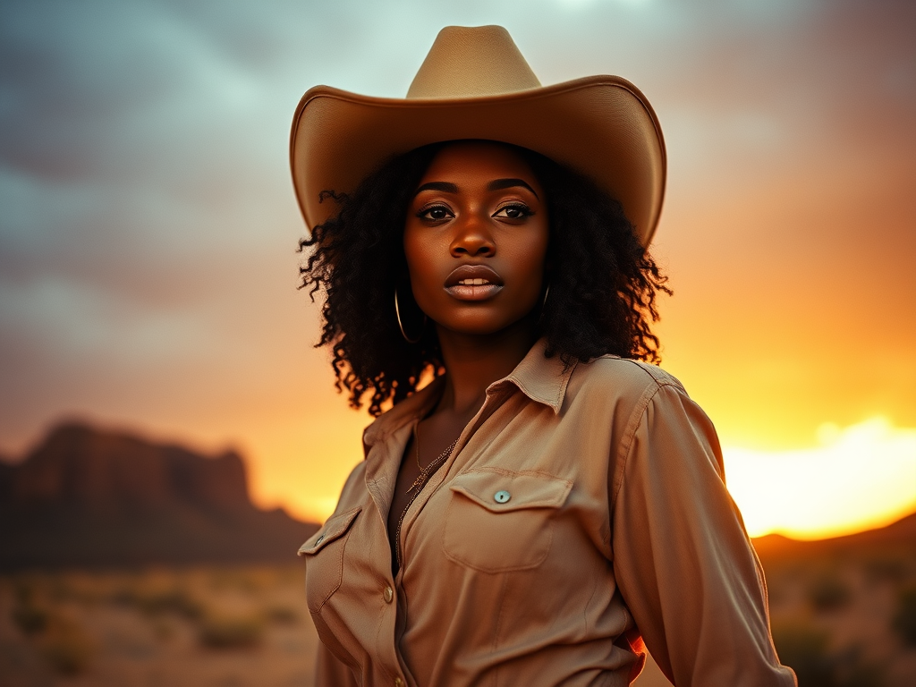 Dramatic photo of a beautiful Afro-Caribbean woman, classic cowboy attire, confident and free spirit expression, half-length portrait, centered, golden hour desert landscape, warm, diffused light, low angle, medium format film camera, in style of Annie Leibovitz.