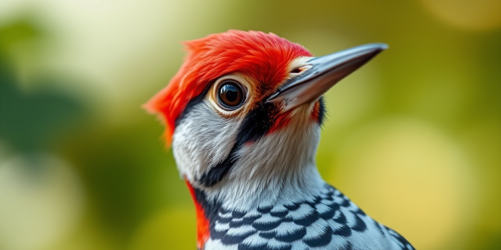 Capture a close-up portrait of a woodpecker with vibrant red head and intricate feather details, using a Canon EOS R5 camera, 85mm lens, f/1.8 aperture, ISO 100, 1/200s shutter speed, soft bokeh background with natural lighting.