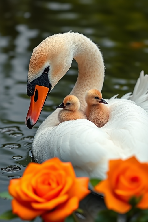 Create a serene scene featuring a swan with two cygnets on its back, surrounded by a vibrant orange rose and water droplets, shot with a DSLR camera at f/2.8, ISO 100, 50mm lens, in a soft-focus style to enhance the ethereal quality of the image, using natural lighting for a gentle and warm atmosphere.