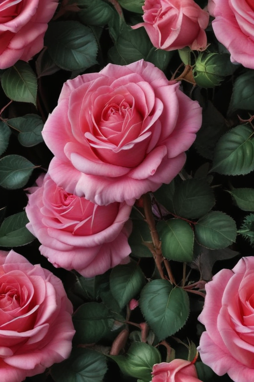 Beautiful Pink Roses Surrounded by Lush Green Leaves on a Dark Background