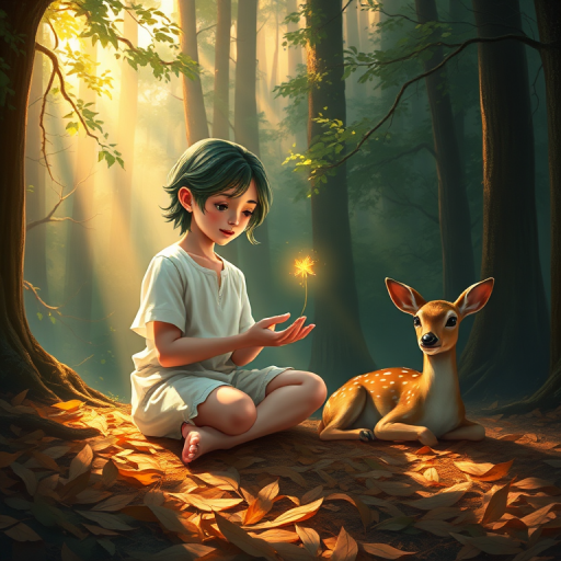 A luminous digital painting of a serene forest scene featuring a barefoot young female, about 7 years old, with green hair and fair skin, dressed in a simple white outfit. He sits cross-legged on the forest floor, gazing at a small, glowing, magical firefly in his hand. Beside him, a delicate spotted deer lies calmly on a bed of dried leaves, observing the scene. The dense forest is bathed in warm, golden light filtering through the trees, creating a peaceful, magical atmosphere with a blend of natural and mystical elements.