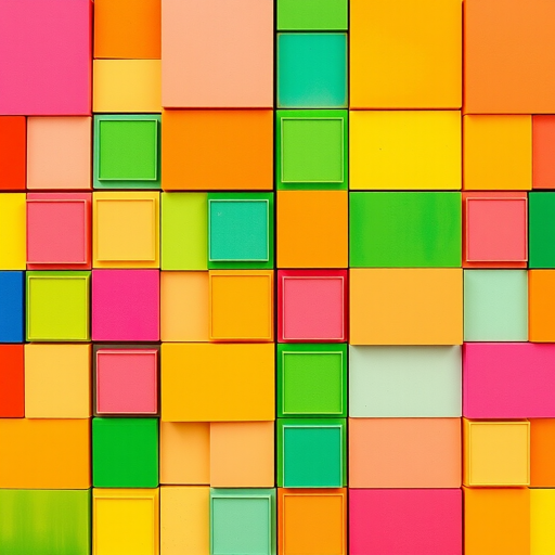 Create a vibrant pattern of colorful squares in a grid layout featuring shades of pink, green, orange, yellow, and blue with high contrast; use a DSLR camera, 50mm lens, aperture f/2.8, shutter speed 1/125s, ISO 100, in high-resolution mode, top-down view for enhanced clarity.
