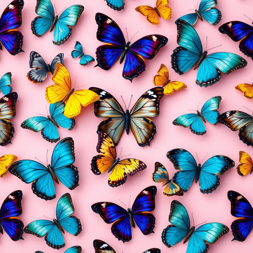 Generate a seamless pattern of colorful butterflies on a soft pink background, using a Canon EOS R5, 50mm f/1.8 lens, ISO 100, aperture f/8, and a top-down view, ensuring high detail and vibrant colors.