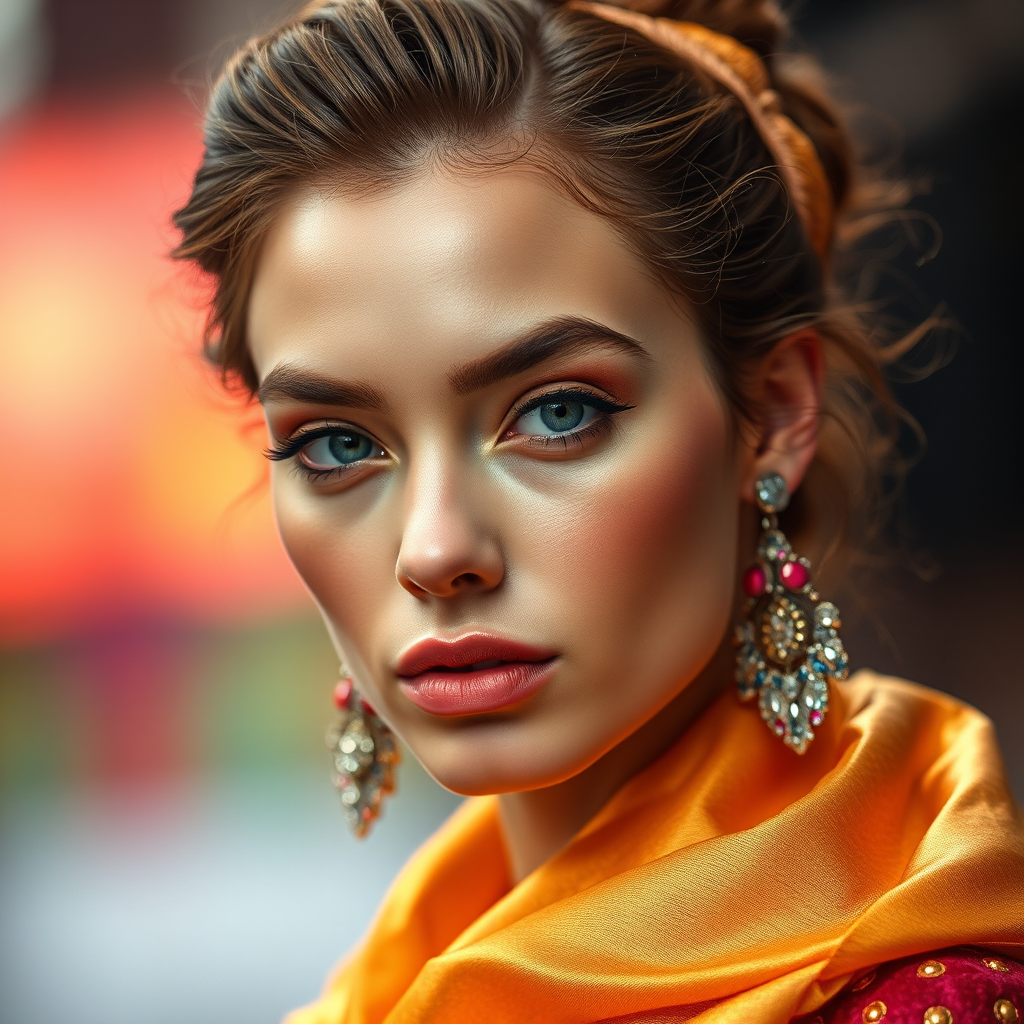 Runway capture, a beautiful model, vibrant colors, metallic textures, high fashion editorial , a 100mm macro lens to get extreme close-ups of intricate details like fabric stitching, accessories, or makeup artistry