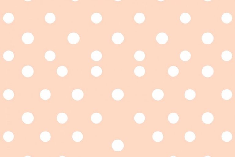 Create a seamless pattern of white polka dots on a soft peach background, using a Canon EOS R5 with a 50mm lens, aperture set to f/8, ISO 100, and a high-resolution setting for enhanced clarity.