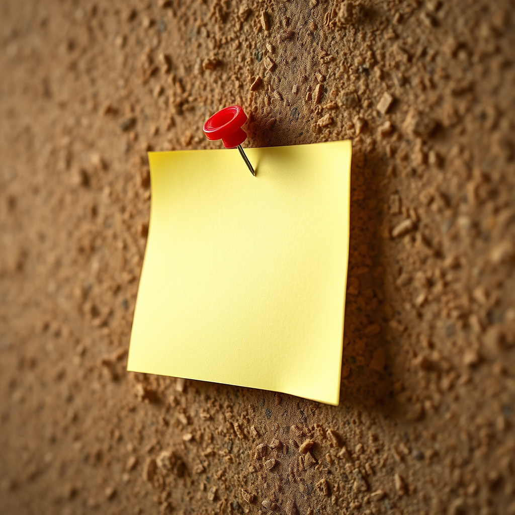 create a realistic sticky note on a corkboard with a red pushpin, natural lighting, ISO 200, f/4 aperture, 50mm lens, shallow depth of field, close-up view, DSLR camera