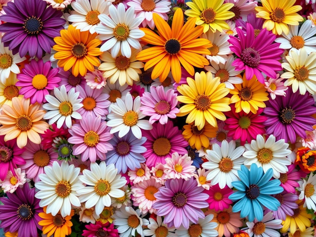 Create an abstract floral pattern featuring a multitude of colorful flowers in various sizes and shapes, captured using a DSLR camera with a 50mm lens, aperture set at f/2.8 for a shallow depth of field, ISO 100 for high clarity, and a vibrant saturation style to enhance color depth and detail.