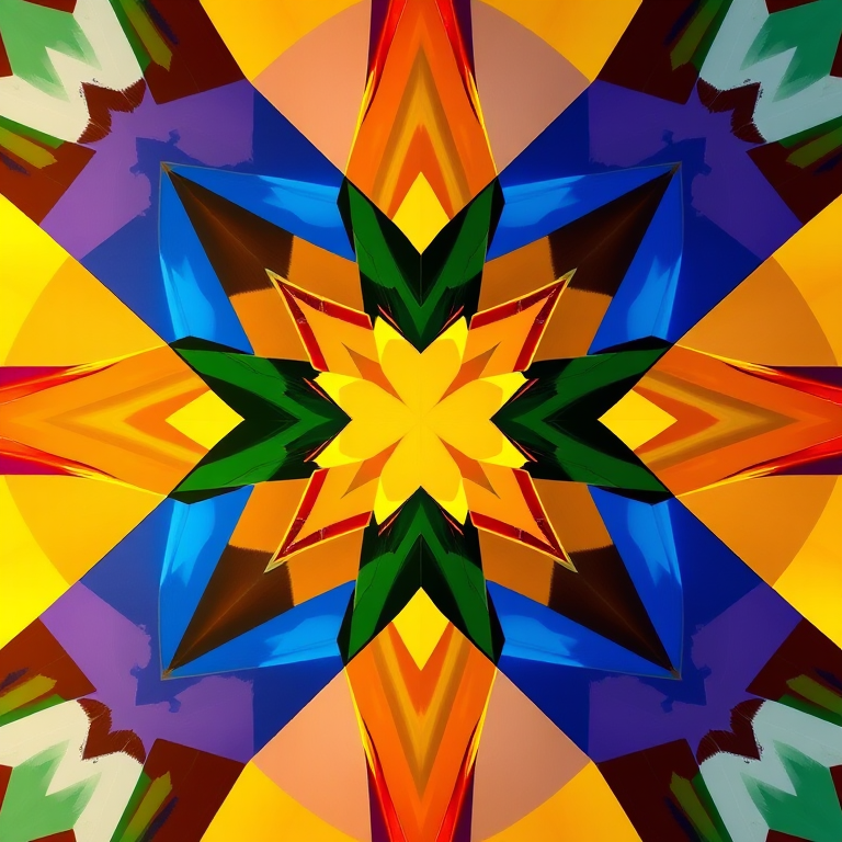 Create a high-resolution image of an abstract geometric design with dynamic shapes and vibrant colors, using a DSLR camera, settings at f/8 aperture, ISO 100, 1/250 shutter speed, in a close-up view with soft lighting to enhance details and depth.