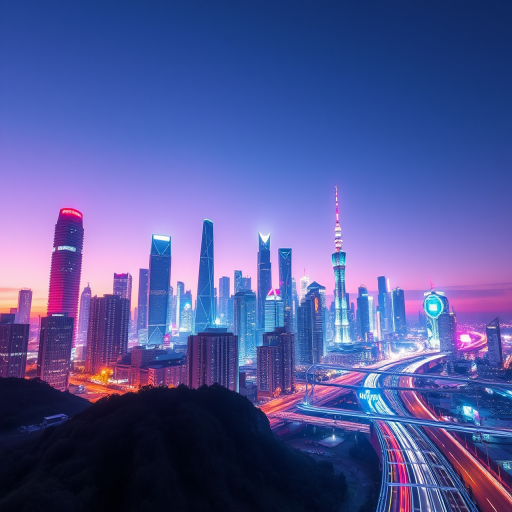 Generate a high-quality illustration of a futuristic city skyline at dusk, with vibrant neon lights and a clear sky, captured using a DSLR camera with a 24mm lens, f/8 aperture, ISO 100, and a long exposure of 15 seconds, in a wide-angle view.