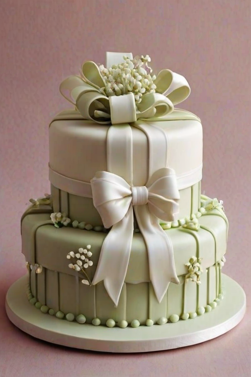 Create an image of a beautifully designed cake that resembles a gift box. The cake should be covered in smooth white fondant, featuring a large ribbon and bow made from the same material. On top, there should be delicate white flowers, possibly lily of the valley, arranged elegantly. The cake should be displayed on a simple white cake stand against a dark, ornate background.