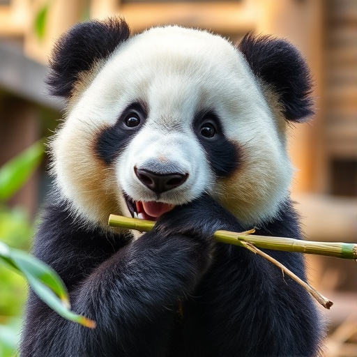 A playful panda chewing bamboo, captured in high-resolution, Canon EOS R5, 50mm lens, aperture f/2.8, ISO 100, natural light, soft focus background.