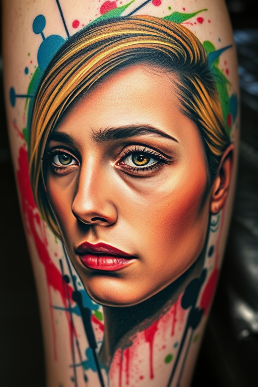 Realistic color portrait tattoo titled "Living Canvas" depicting a hyper-detailed face with lifelike skin tones and expressive eyes surrounded by abstract swirls of vibrant paint splatters