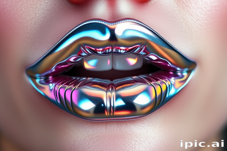 Metallic silver lips with a mirror-like finish and holographic rainbow reflects, called "Futuristic Chrome Illusion"