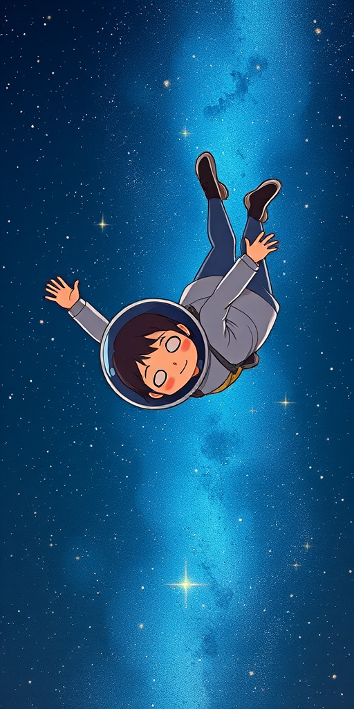 Create an illustration of a character falling through space against a starry background, using a DSLR camera with a 50mm lens, f/1.8 aperture, ISO 200, shot in portrait mode for depth, with a high dynamic range to enhance detail and contrast.